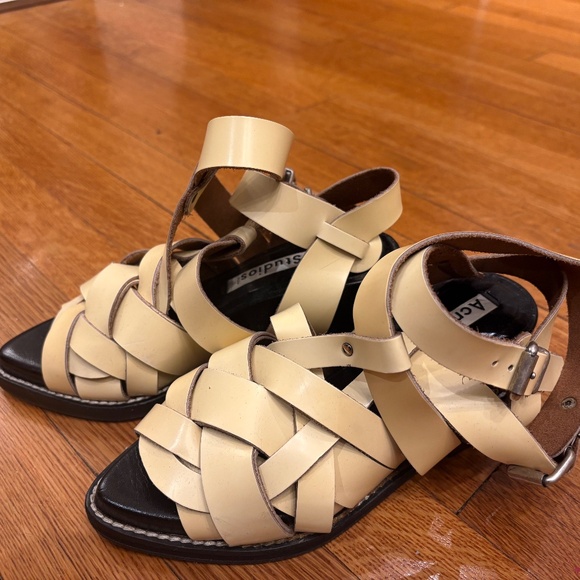 Acne Studios Shoes - Acne Cream Leather Woven Ankle-Strap Sandals